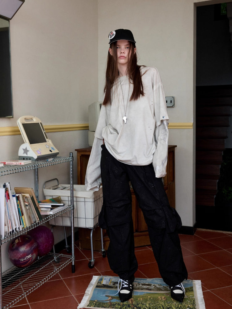 Embroidered Jacquard Multi-Pocket Cargo Pants