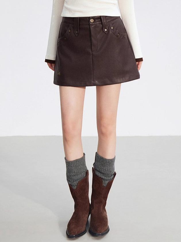 Studded A-Line Faux Leather Mini Skirt - CHINASQUAD