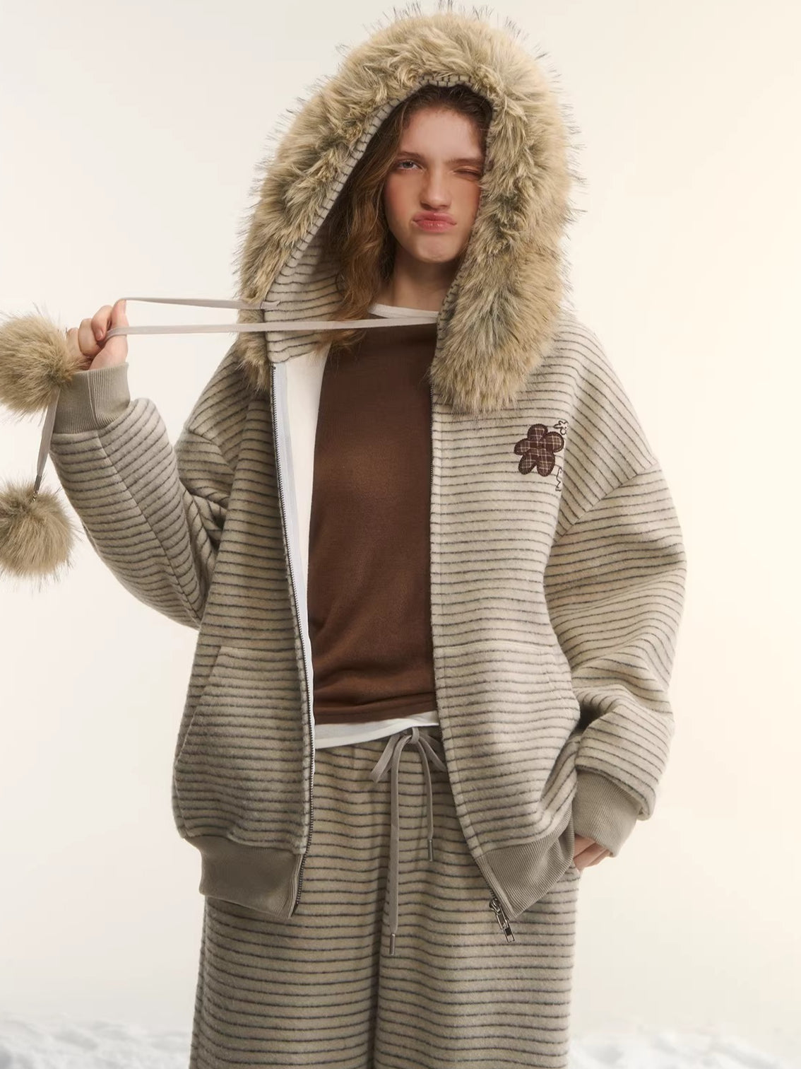 Plush Plaid Patchwork Jacket & Straight-Leg Pants Set