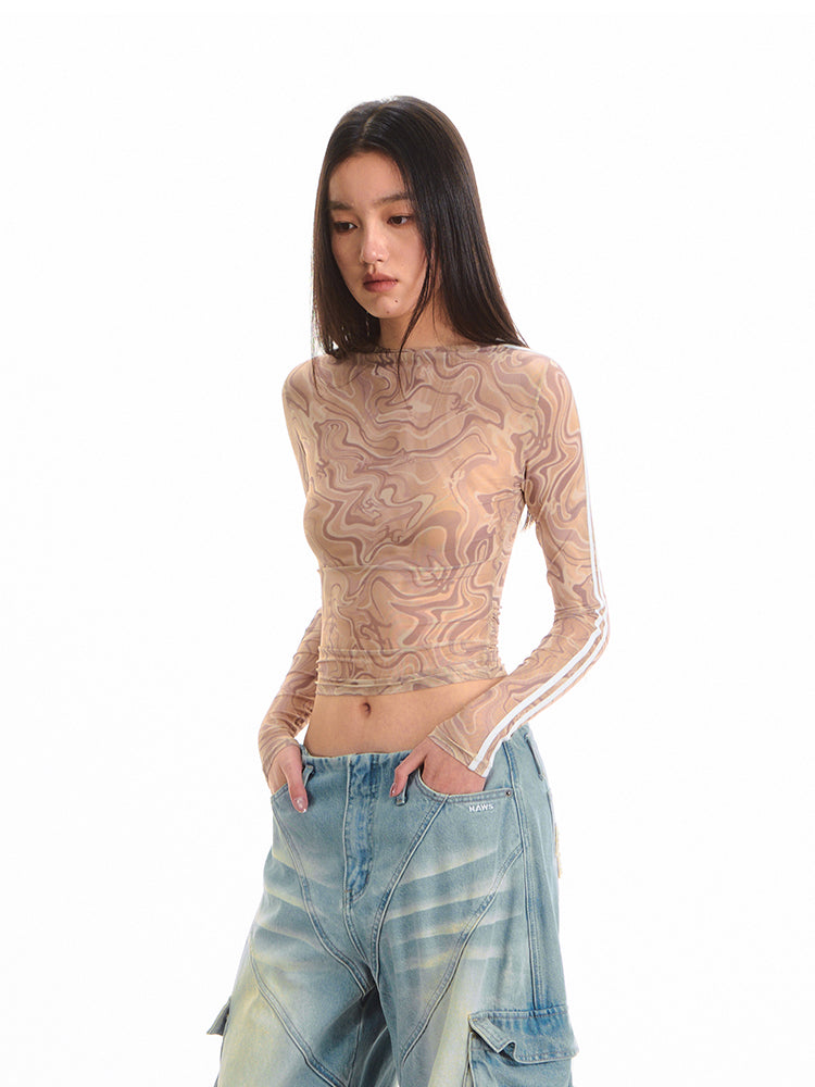 Printed Pleated Long Sleeve T-shirt - CHINASQUAD