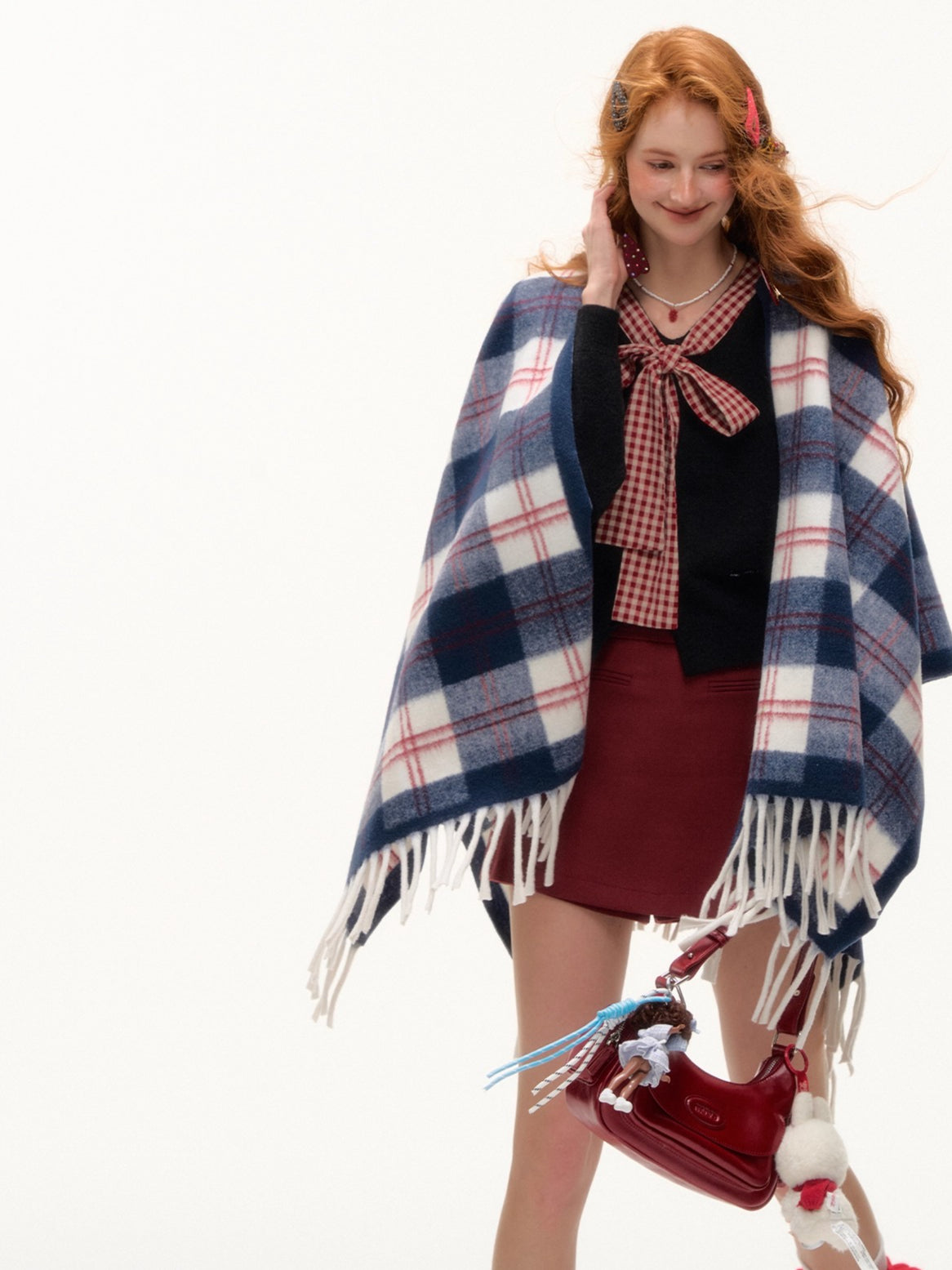 Color-Block Plaid Tassel Shawl Scarf - CHINASQUAD