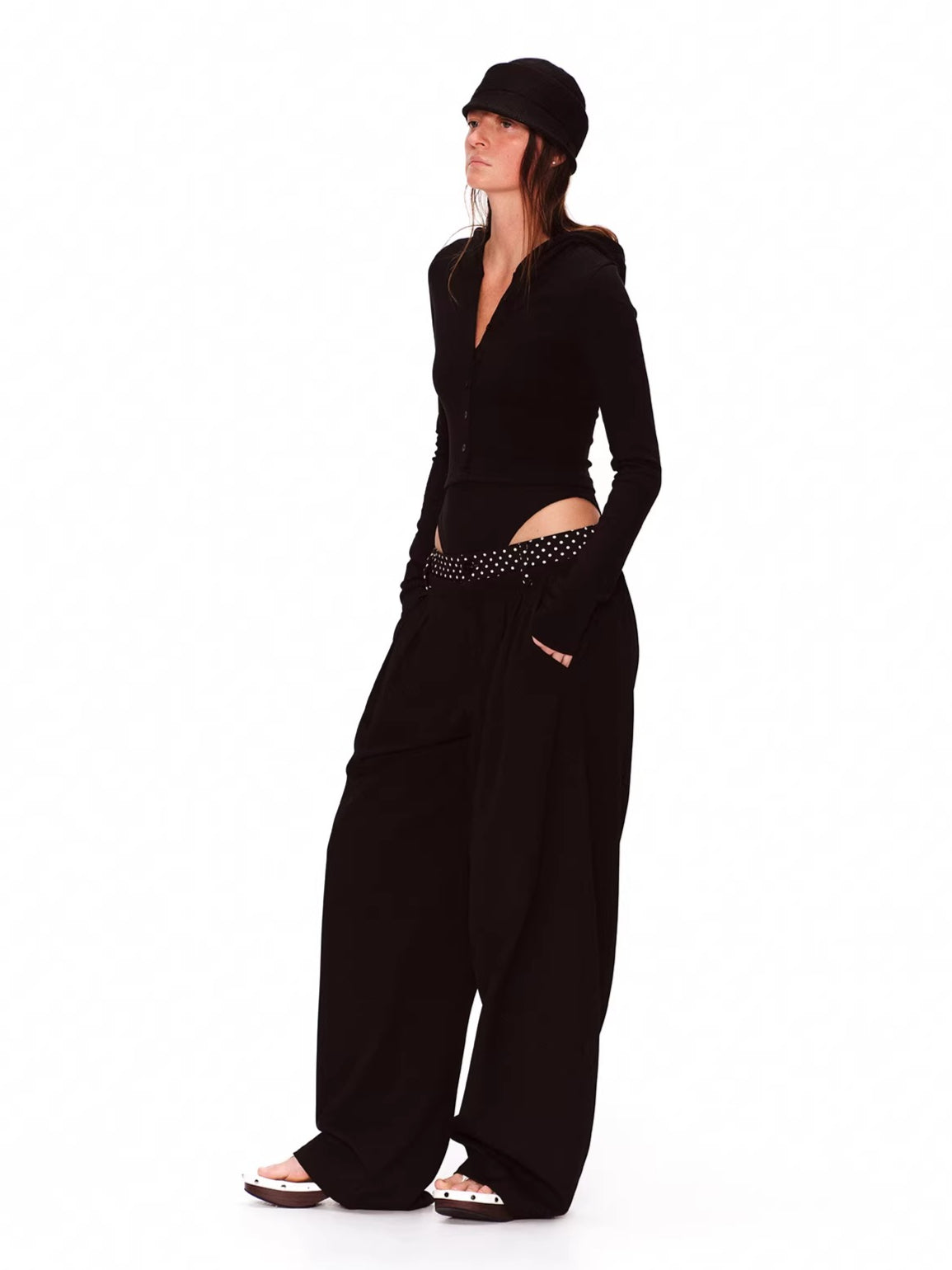 Double-Waist Polka Dot Wide-Leg Trousers