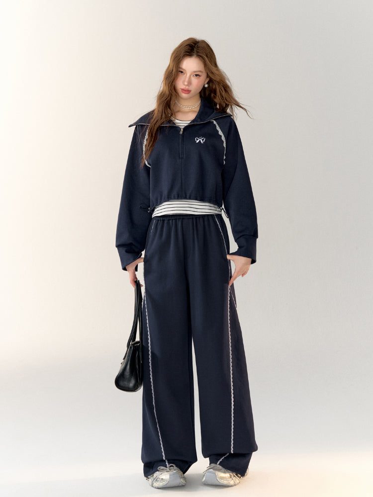 Lace-Trimmed Adjustable Cuffed Straight Leg Sweatpants - CHINASQUAD