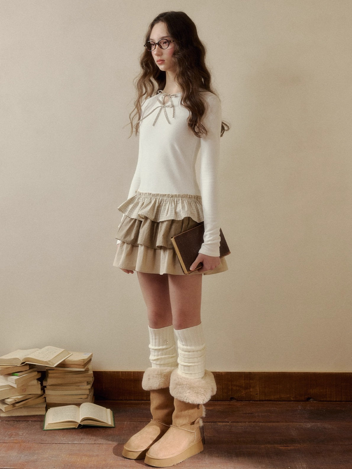 Layered Knit Plaid Tiered Puff Dress