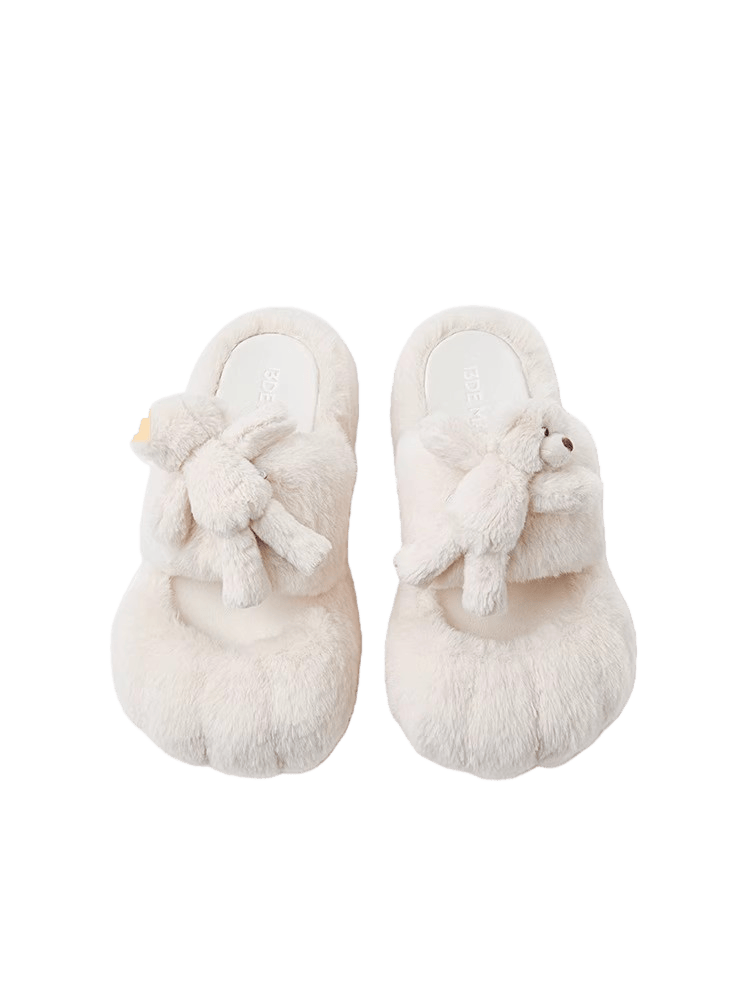 Fur Bear Paw Platform Slide Slippers