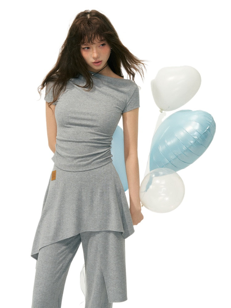 One Shoulder Irregular Slanted Pleat T-shirt & Pants Set - CHINASQUAD