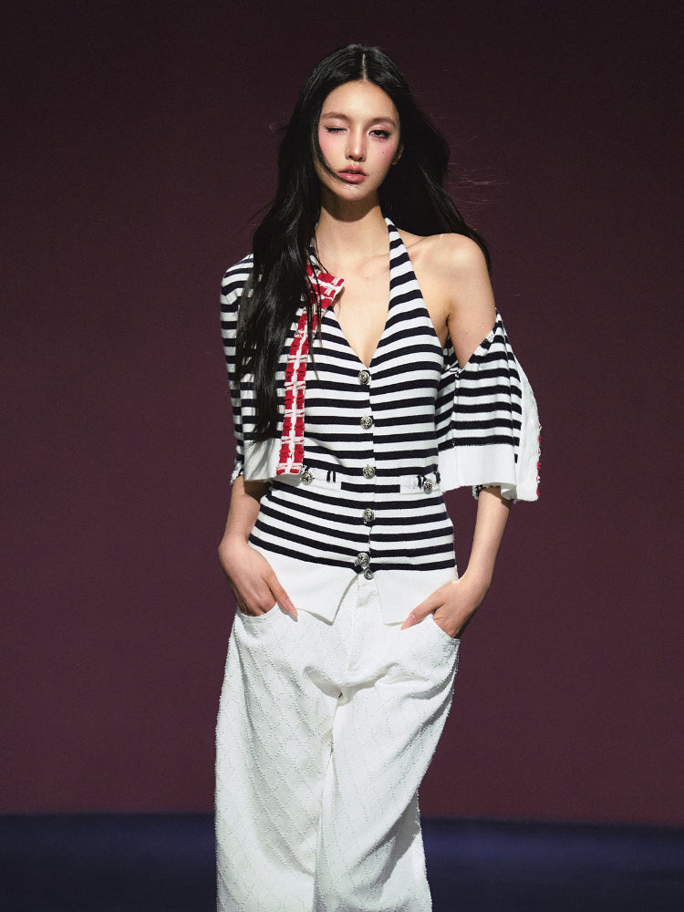 Contrast Stripe Halter Camisole Tank Top & Cardigan Set - CHINASQUAD