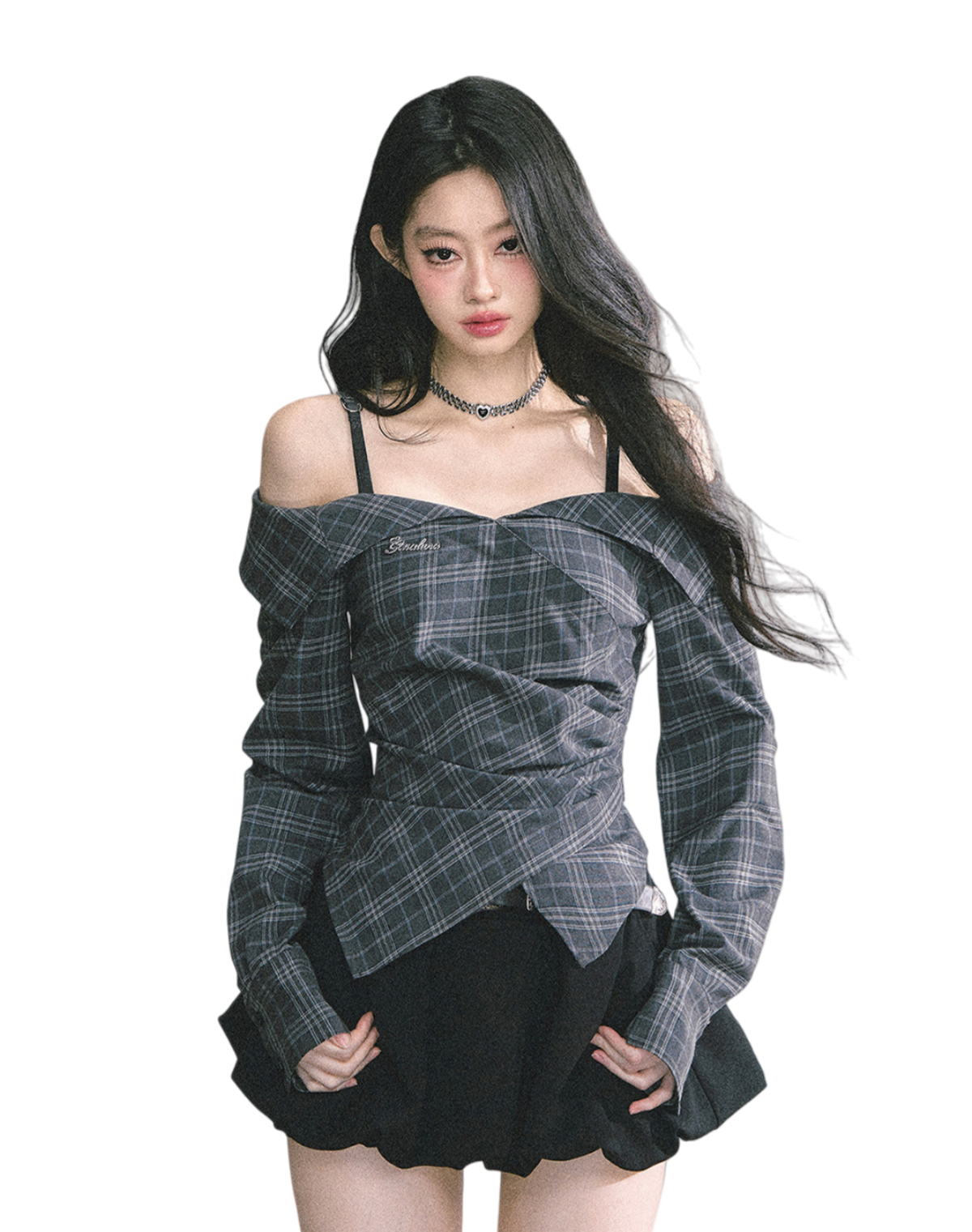 Off-Shoulder Plaid Long-Sleeve Shirt