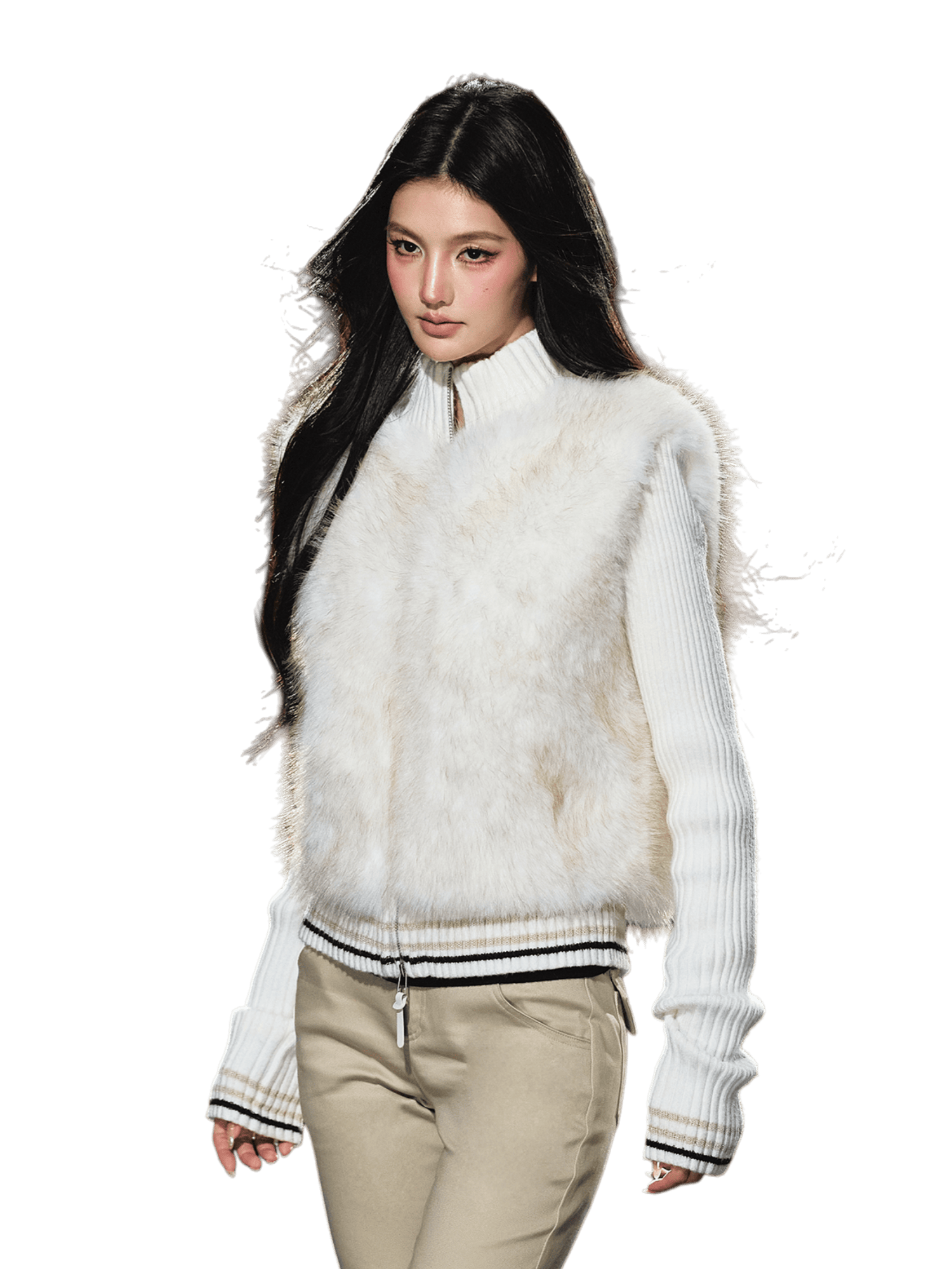 Faux Fur Knit-Panel Two-in-One Cardigan