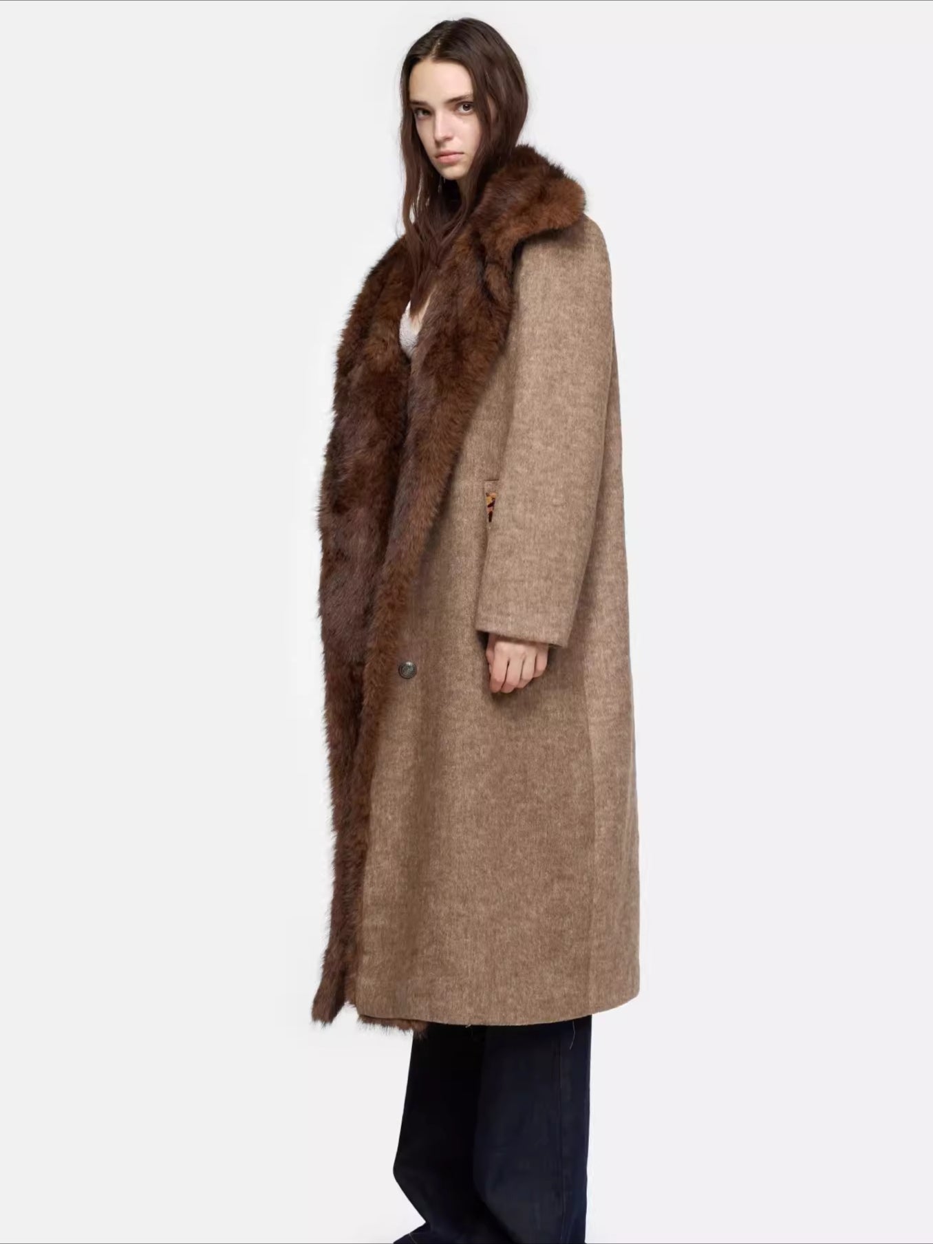 Detachable Fur Collar Wool-Blend Coat
