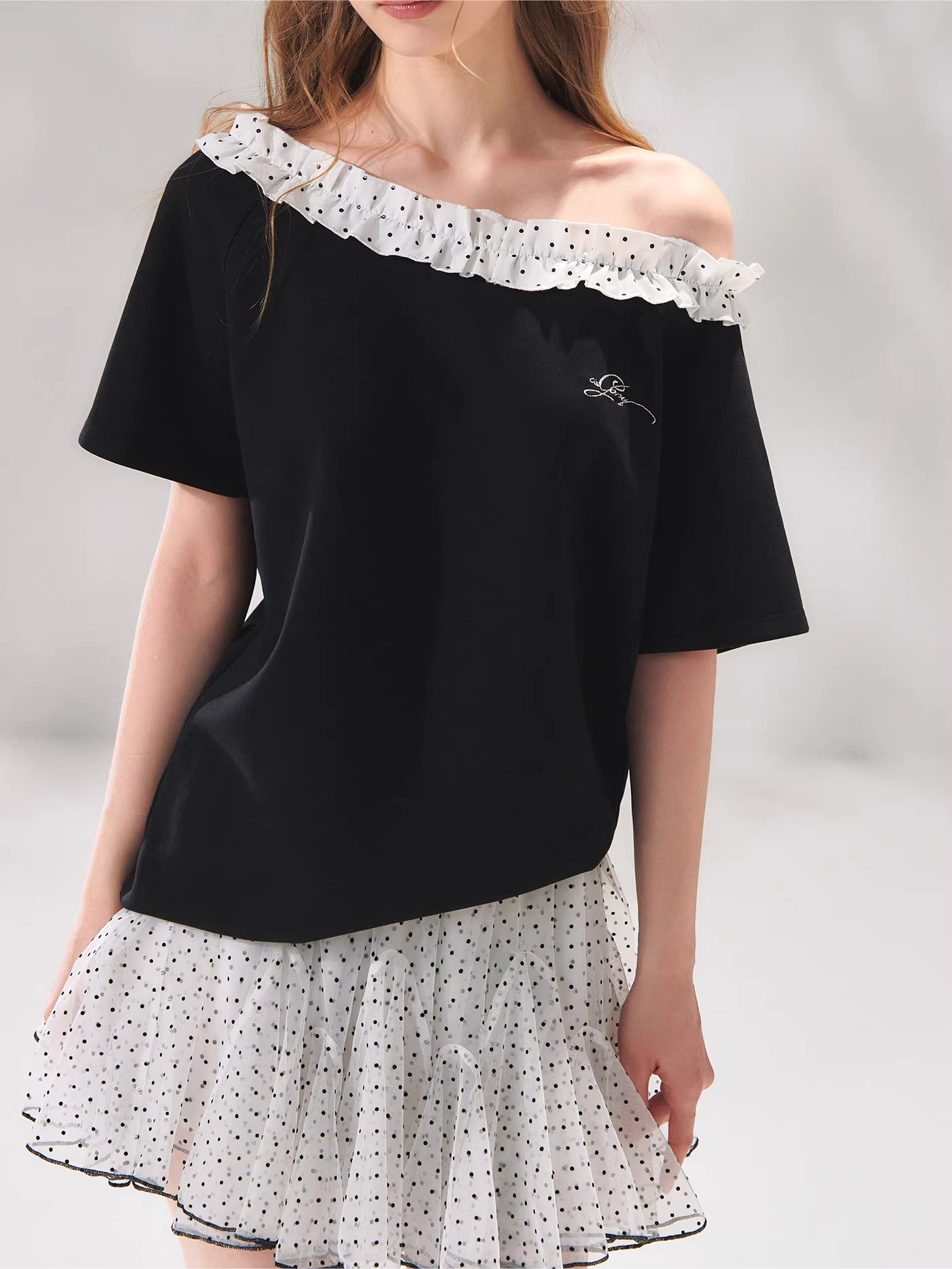Polka Dot Ruffle Trim Off-Shoulder T-Shirt & Tie-Waist Lounge Pants Set