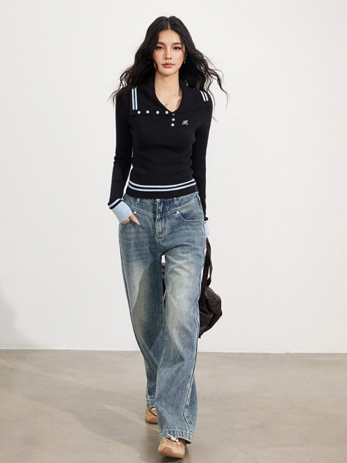 Sailor Collar Colorblock Knit V-neck - CHINASQUAD