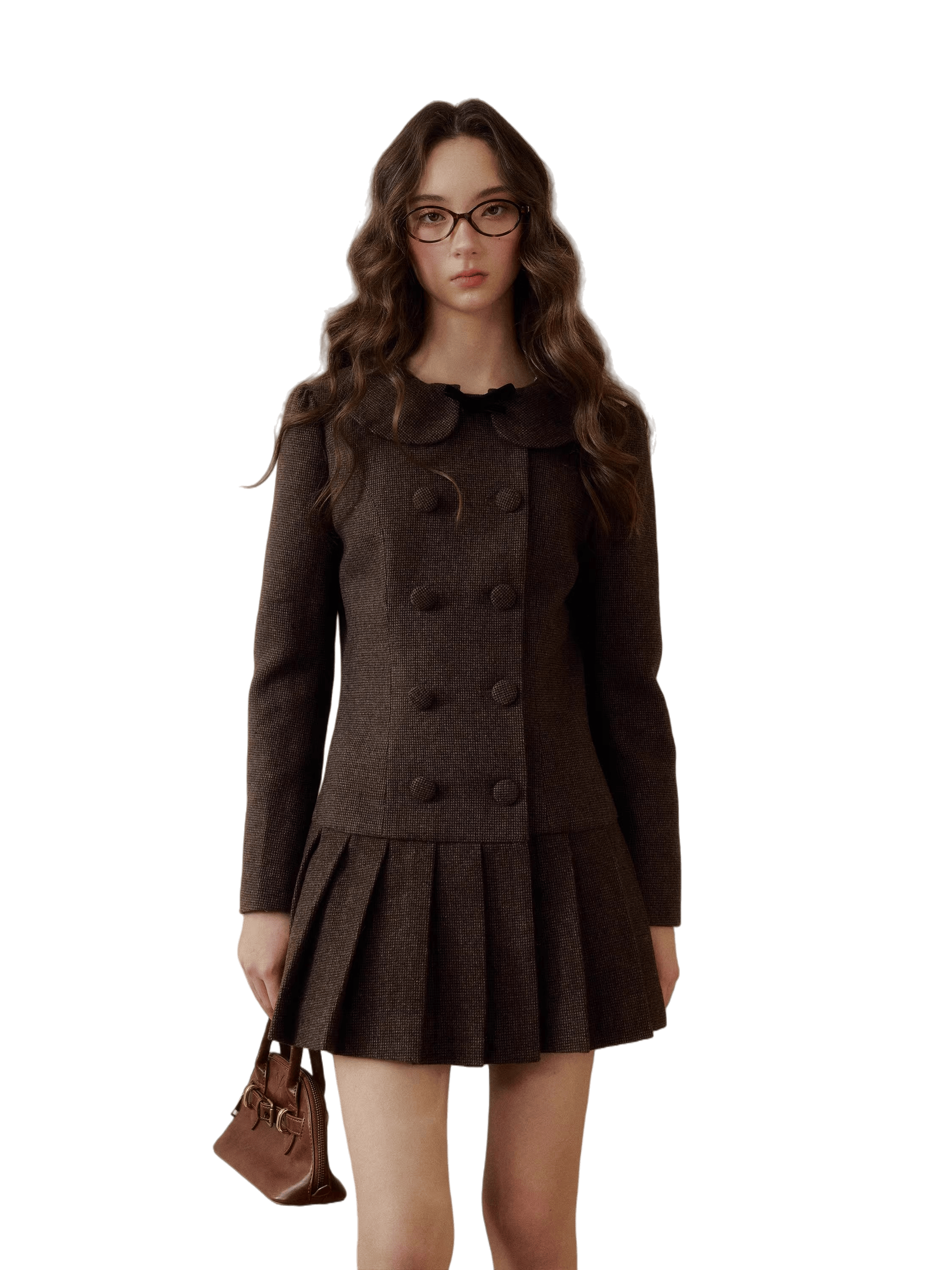 Vintage Preppy Doll-Collar Houndstooth Pleated Dress