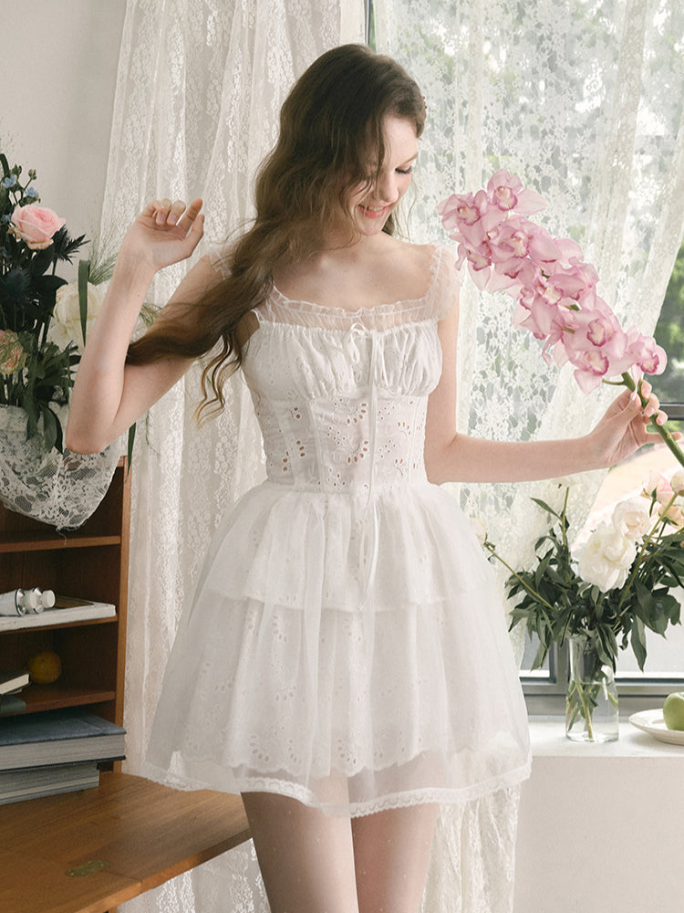 White Embroidered Puff Dress - CHINASQUAD