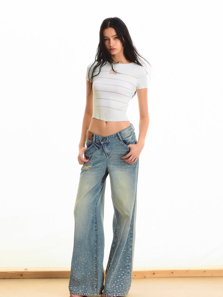 Washed Rhinestone Straight-Leg Wide-Leg Pants - CHINASQUAD