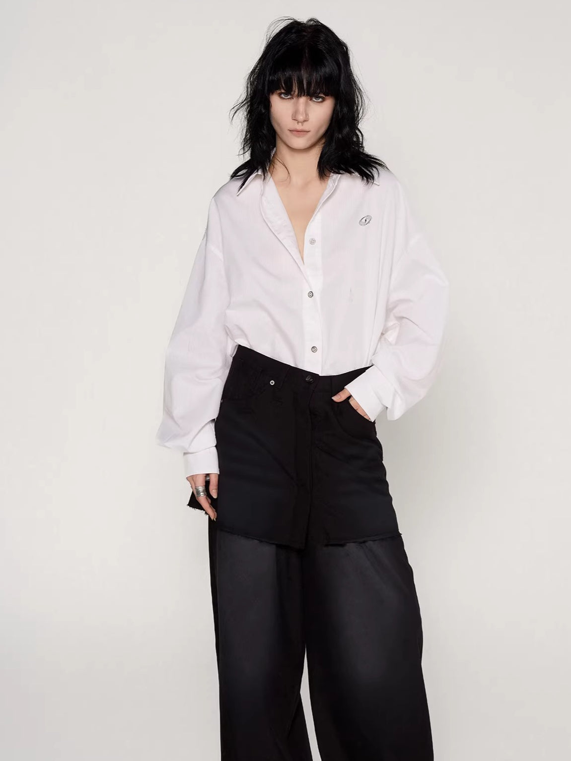 Washed Patchwork Faux Two-Piece Shirt Dress