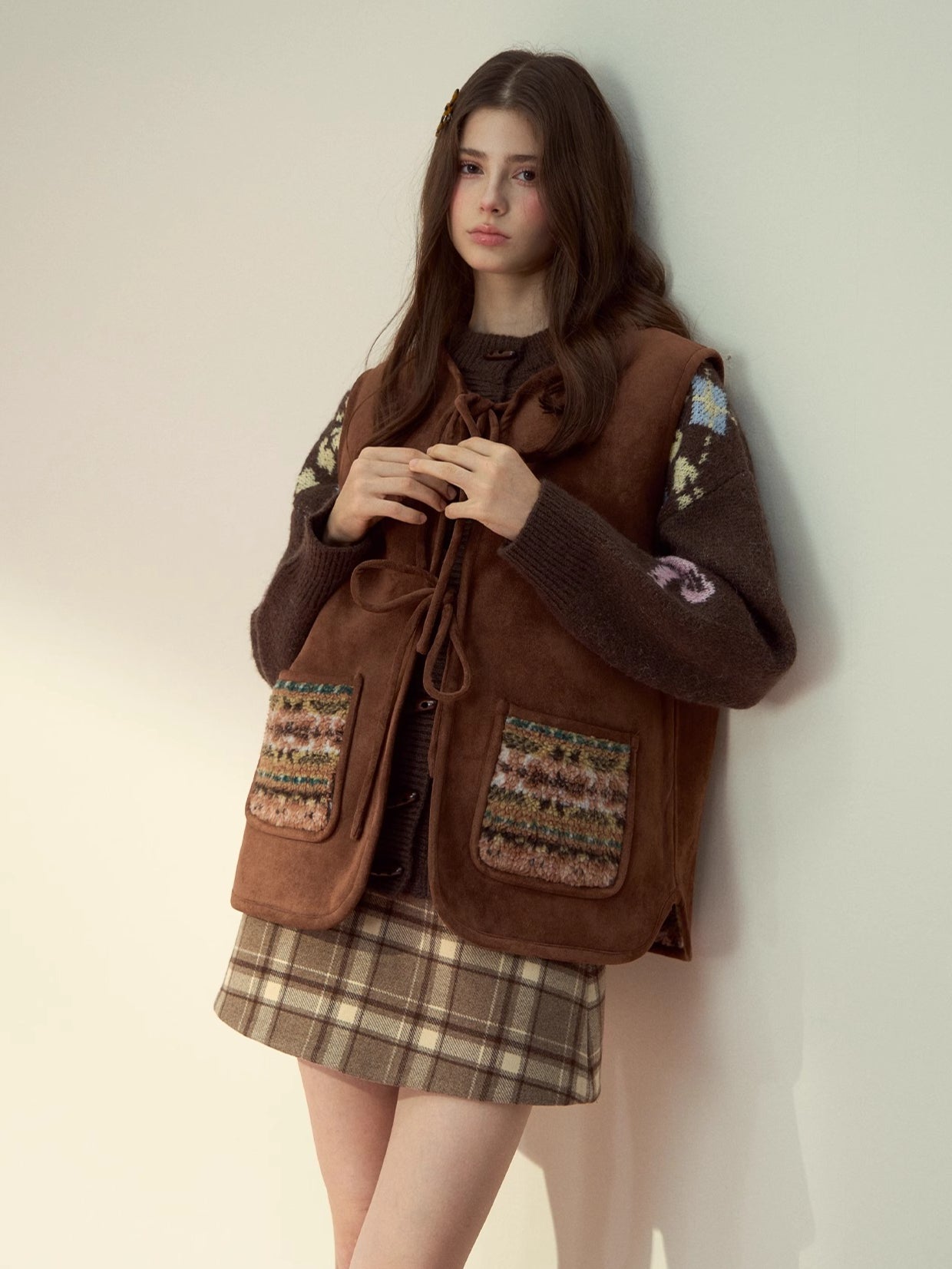 Mocha Fair Isle Reversible Tie-Front Shearling Vest - CHINASQUAD