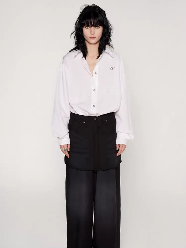 Washed Patchwork Faux Two-Piece Shirt Dress