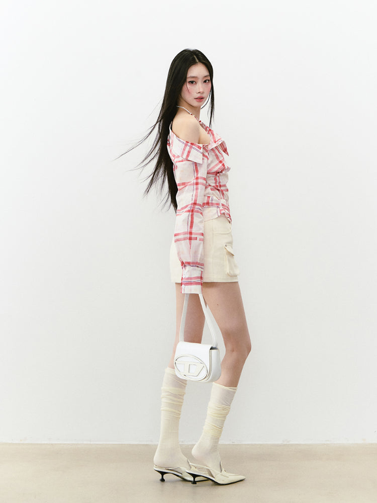 Off-Shoulder Pleated Waist Belt Short Shirt - CHINASQUAD