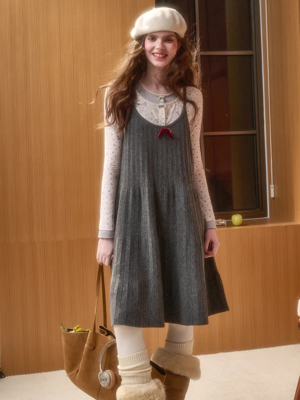 Wool Blend Pleated Knit Midi Dress