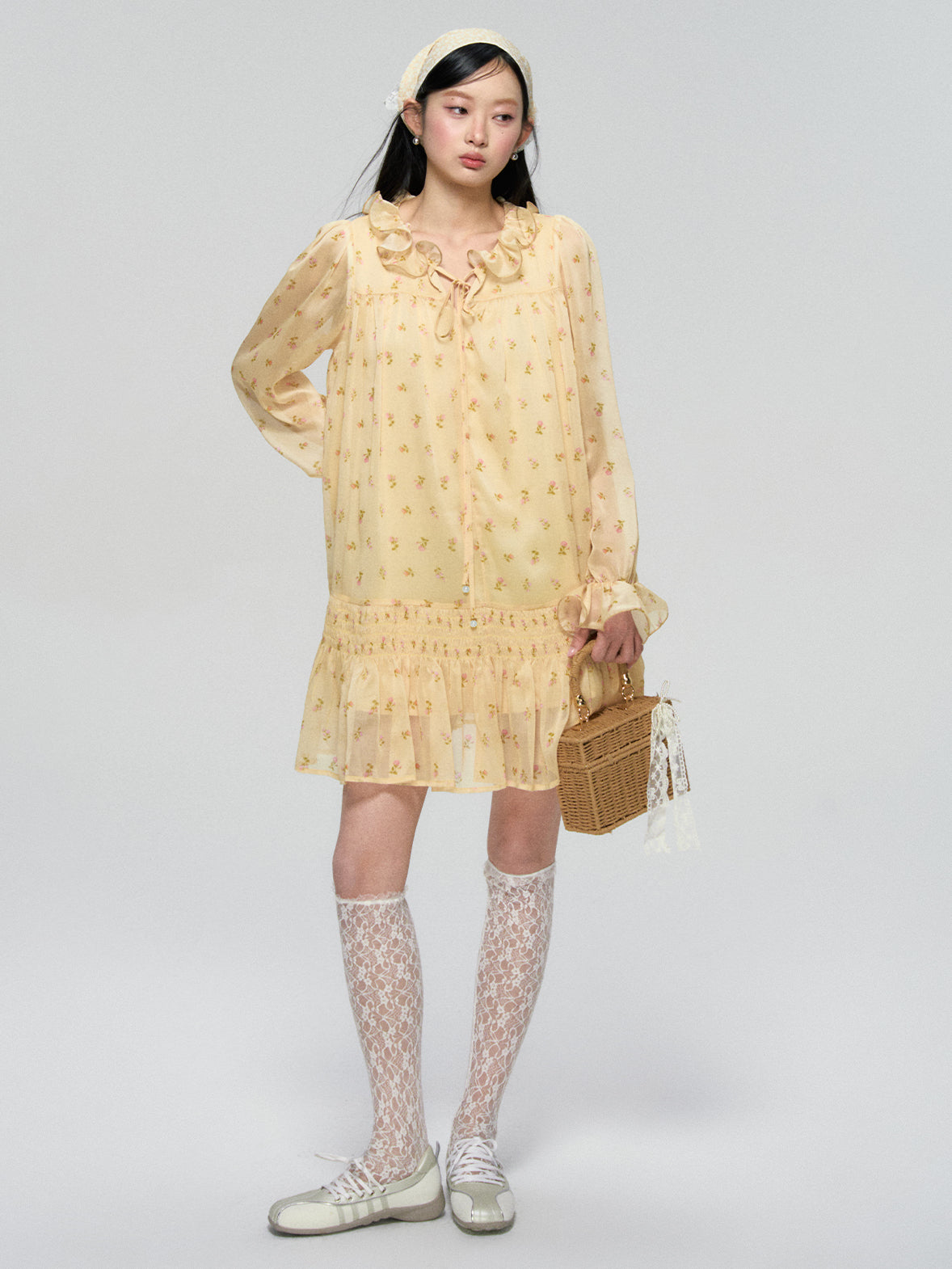 Ruffled Floral Long Sleeve Dress - CHINASQUAD