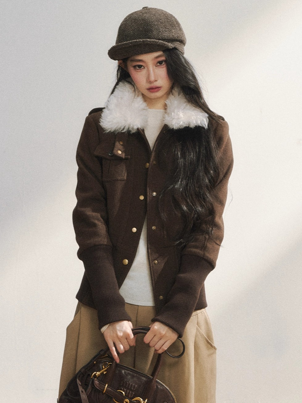 Vintage-Inspired Brown Fleece Lining Wool-Blend Jacket