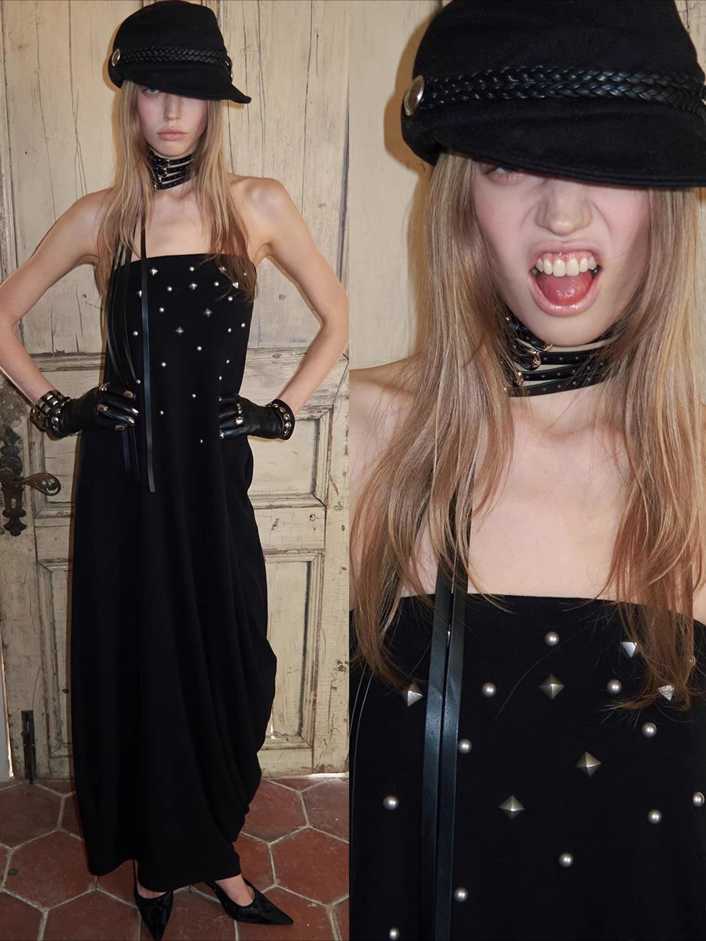 Studded Sculptural Strapless Maxi Dress