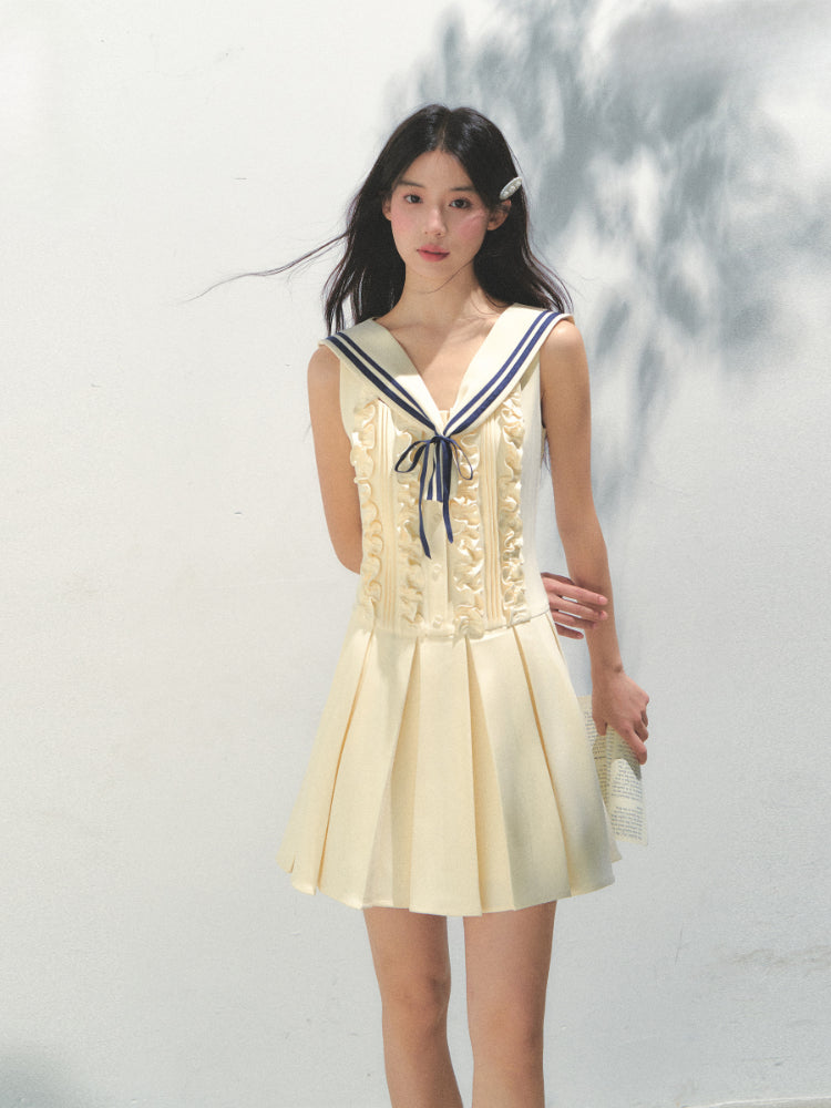 Detachable Sailor-collar Pleated Dress - CHINASQUAD