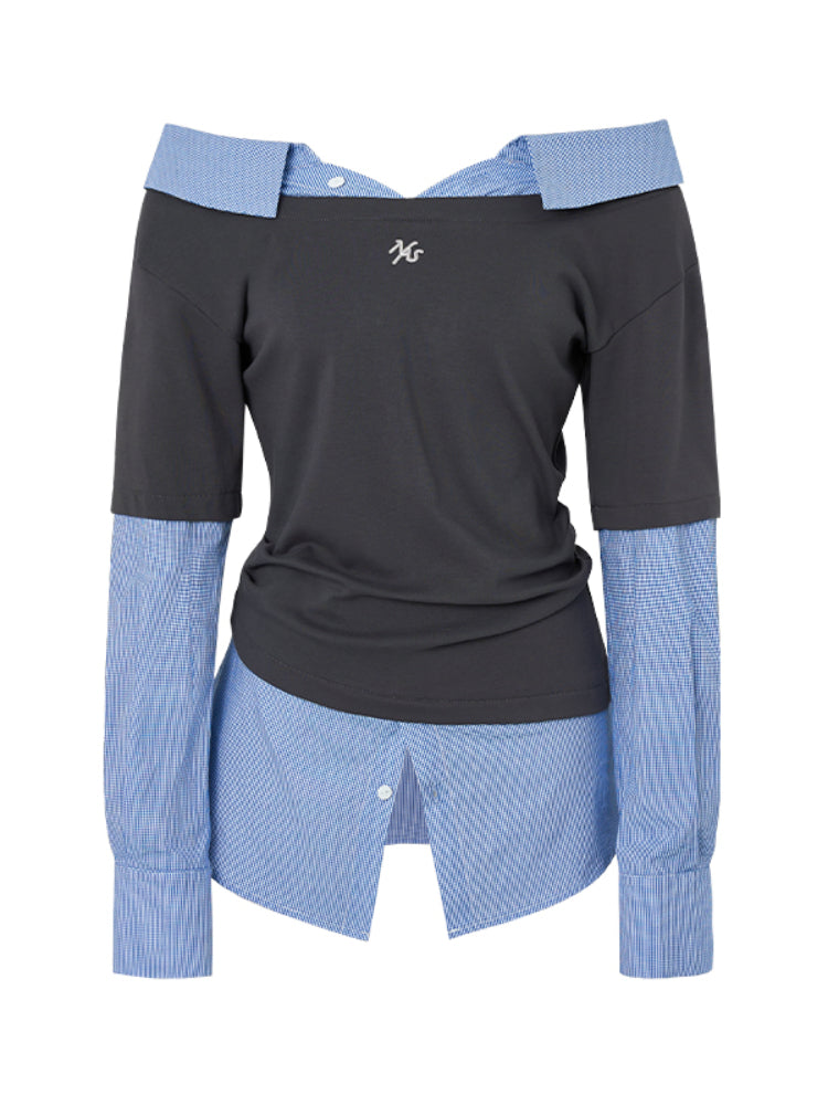 Off-shoulder Slimming Shirt Patchwork T-shirt - CHINASQUAD