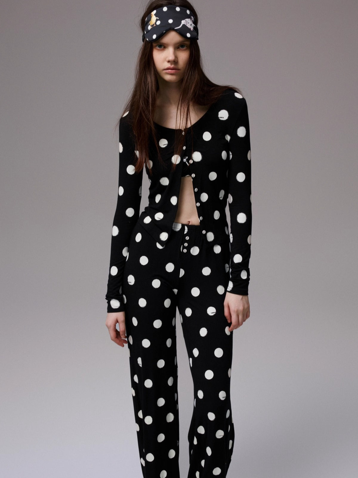 Polka Dot Contrast Knit Cardigan & Lounge Pants Set