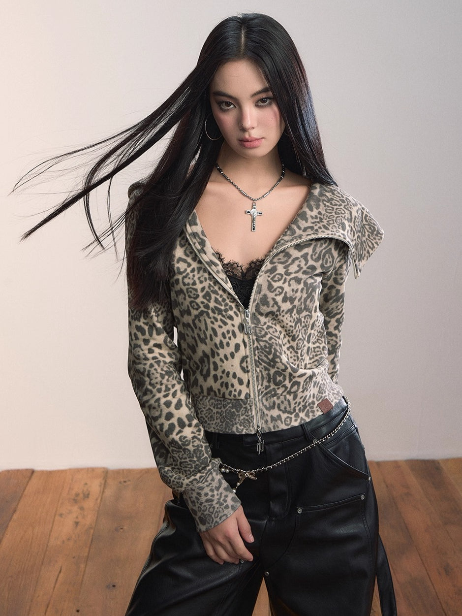 Leopard Print Street-Style Zip-up Hoodie