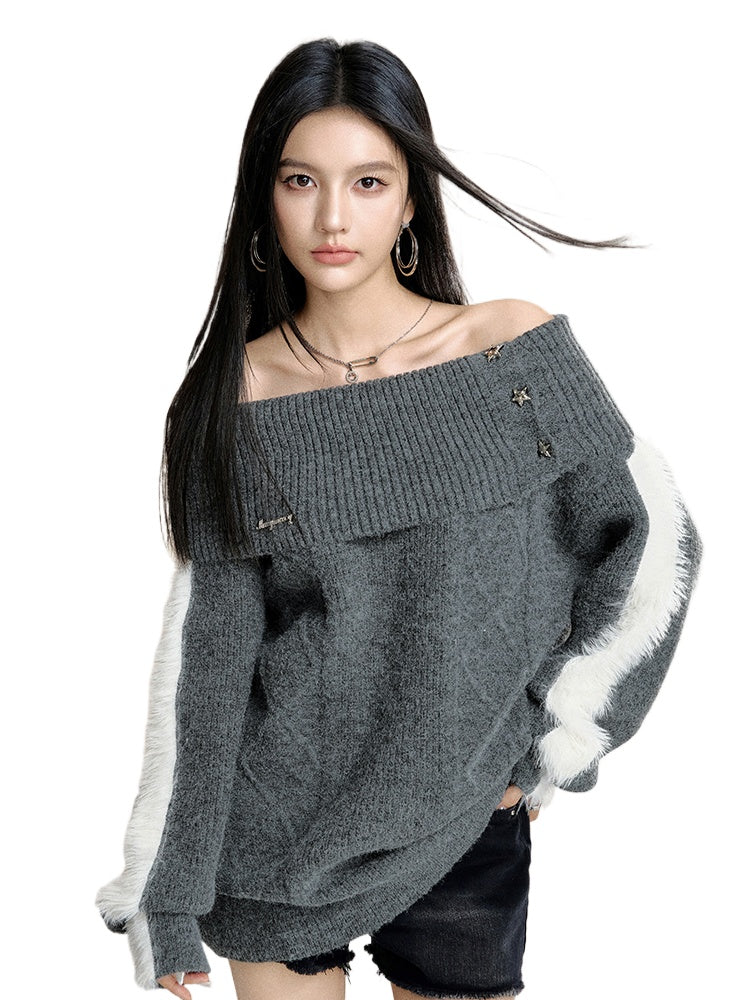 Gray Off-the-shoulder Oversized Sweater - CHINASQUAD