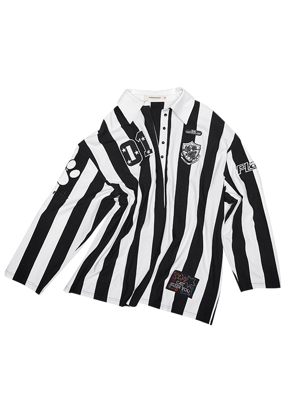 Black & White Striped Polo Shirt - CHINASQUAD