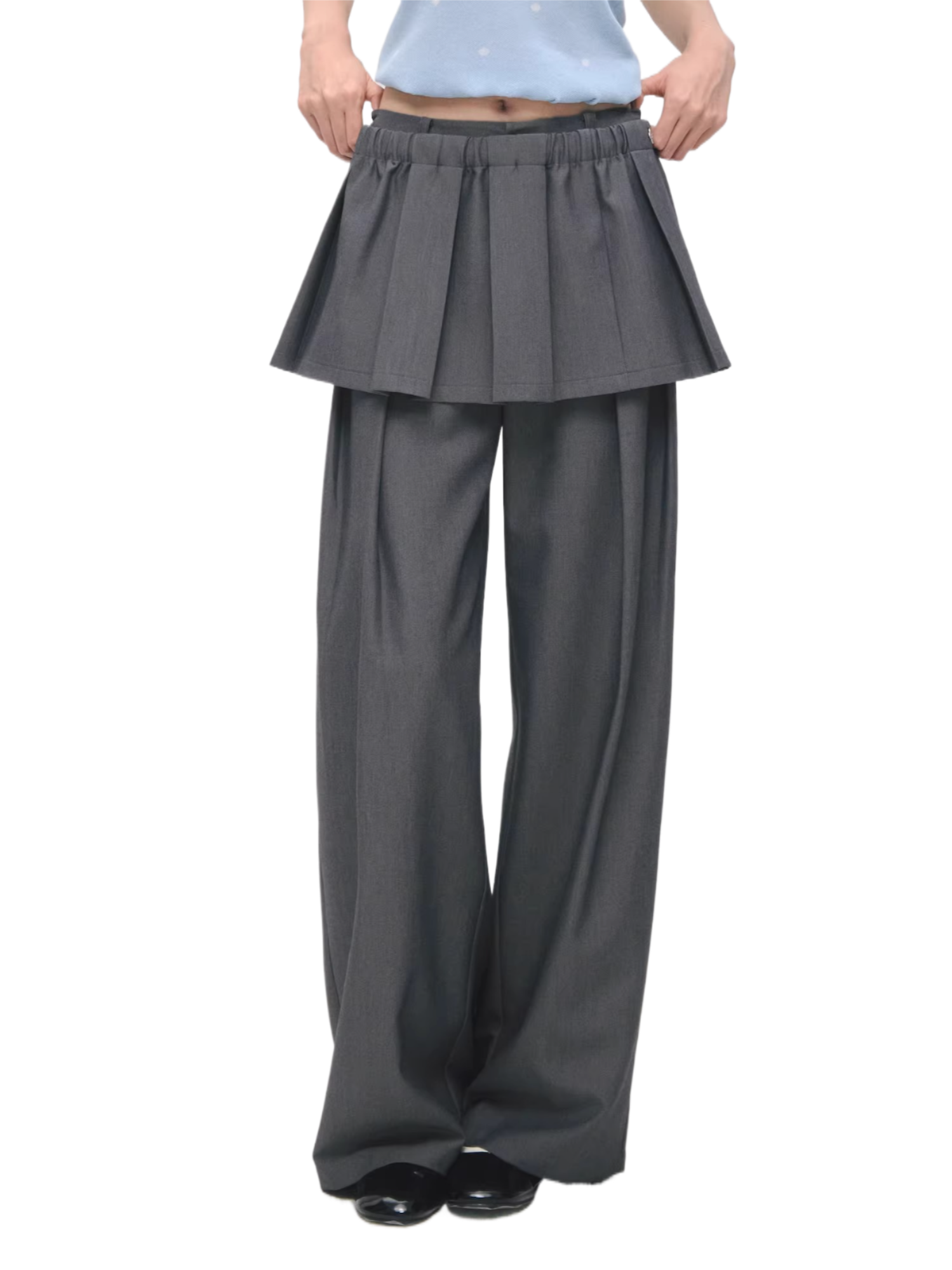 Detachable Pleated Overlay Tailored Wide-Leg Trousers