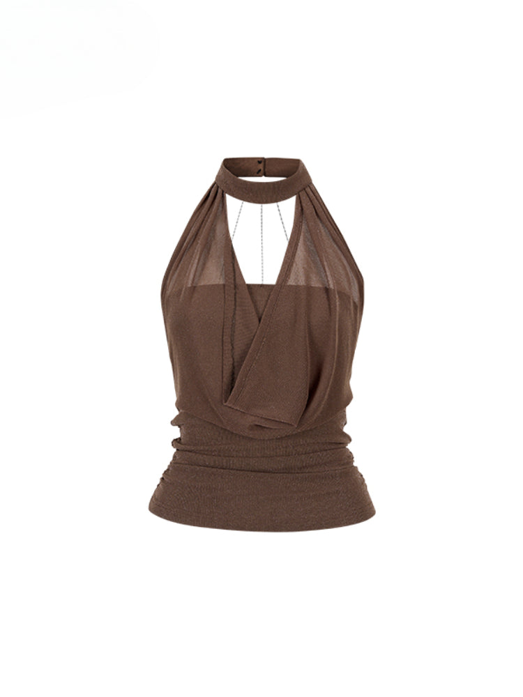 Chain Swing-neck Halter Neckline-gathered Waist Tank Top - CHINASQUAD