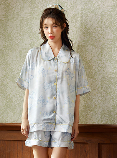 Blue Ice Silk Sleepwear Cardigan Set - CHINASQUAD