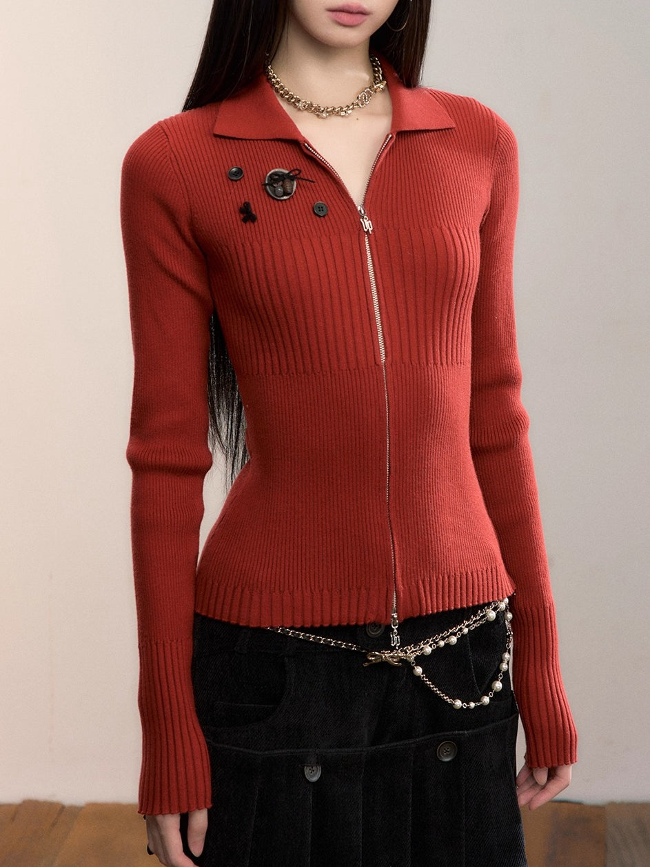 Button-Detail Zip-Up Knit Cardigan