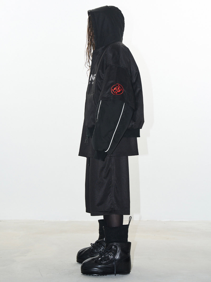 Fake Two-Piece Sports Badge Print Hooded Cotton Jacket - CHINASQUAD