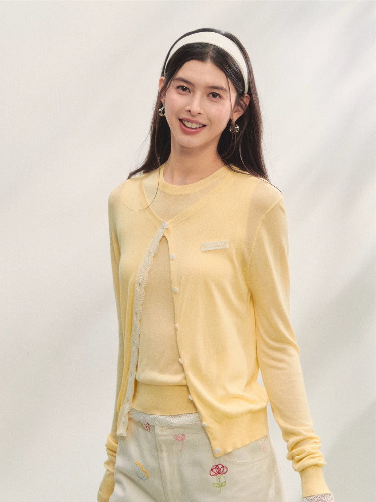 Lace Trimmed Crew Neck Knitted Cardigan Set - CHINASQUAD