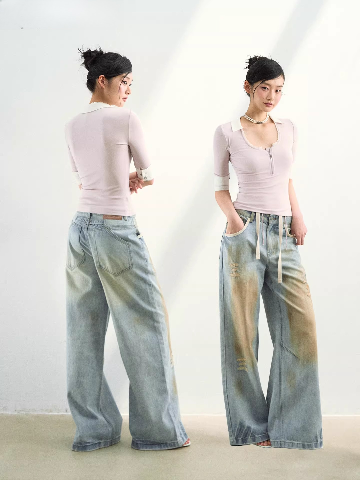 Lace Trim Half-Zip Knit Polo T-Shirts