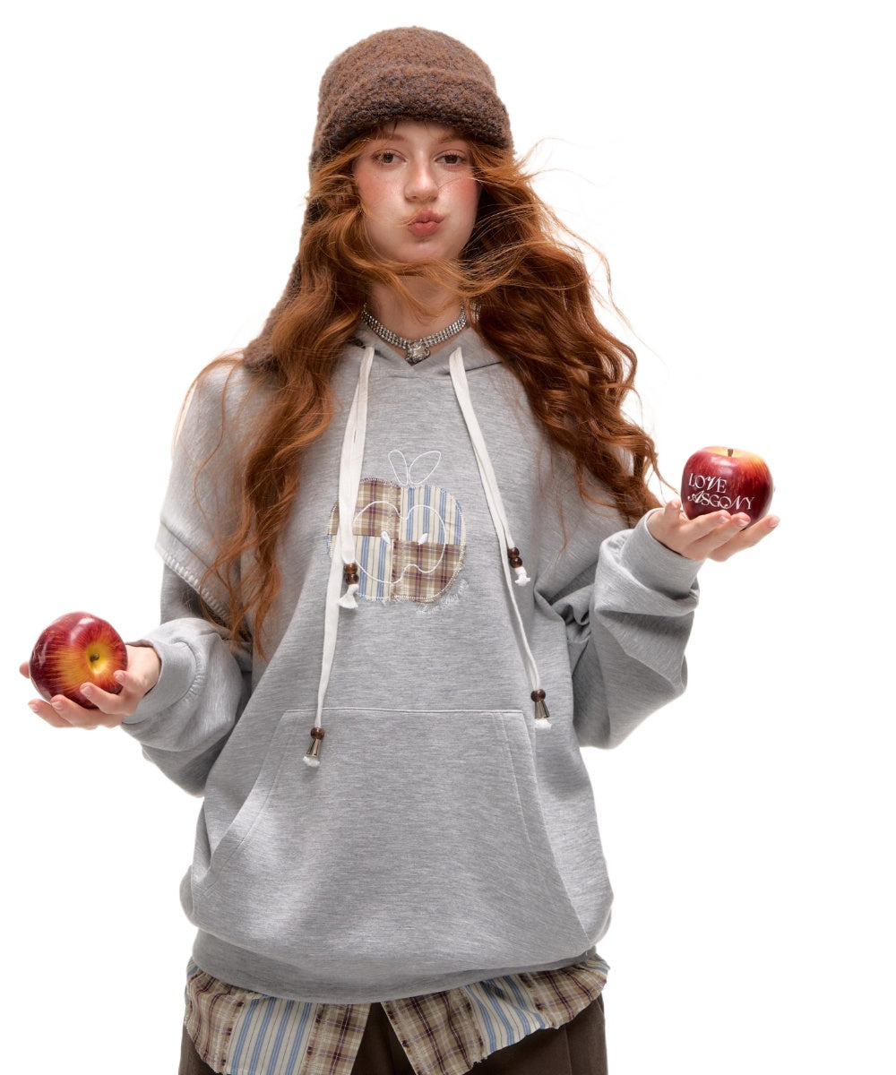 Fake Two-piece Apple Appliqué Layered Hoodie - CHINASQUAD