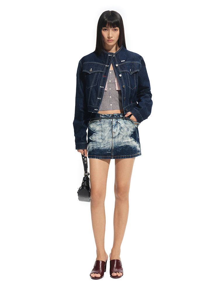 Denim Stand-Collar Regular Shoulder Cropped Jacket - CHINASQUAD