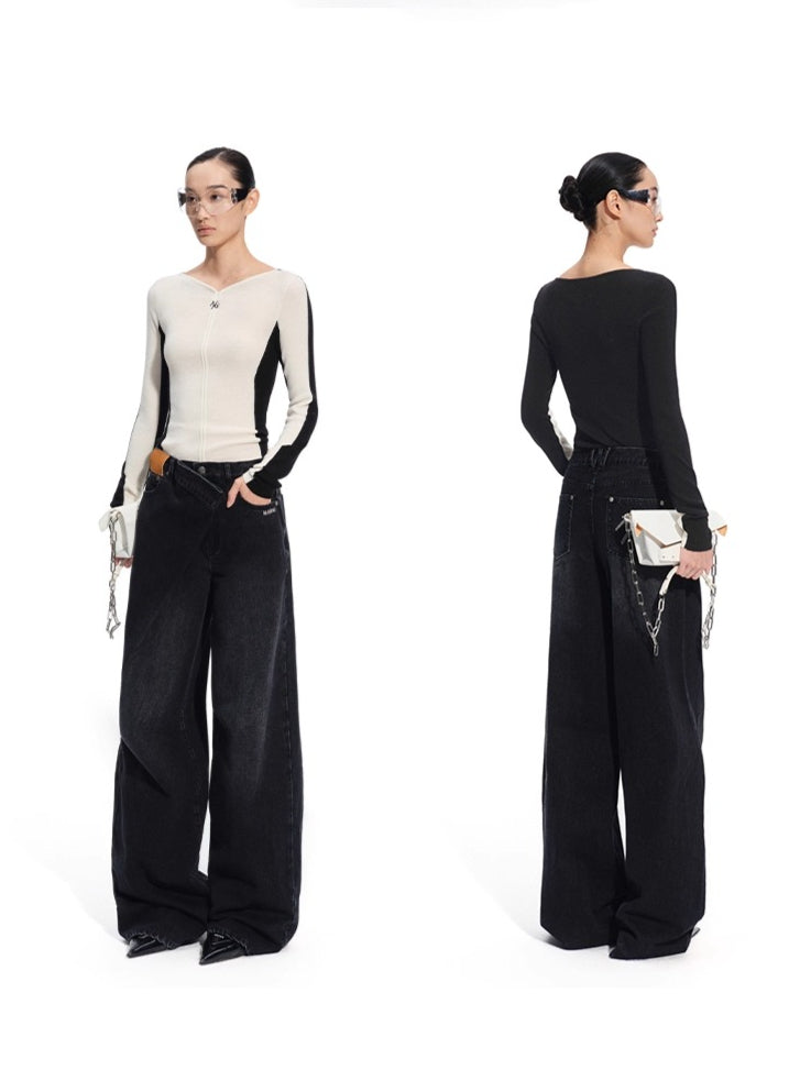 Sailor-Inspired Washed Twill Denim Low-Rise Straight Jeans - CHINASQUAD