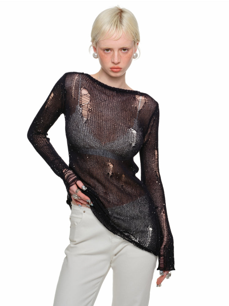 Reversible Hollow Sequin Knit Pullover - CHINASQUAD