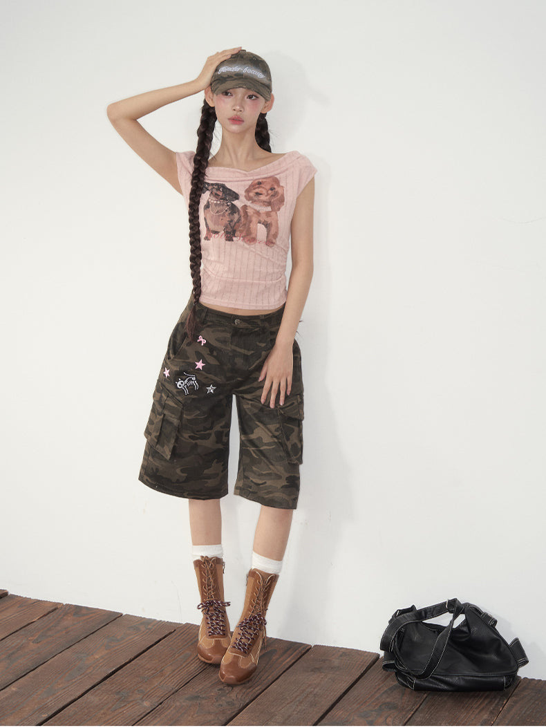 Puppy Print Off-Shoulder Tee - CHINASQUAD