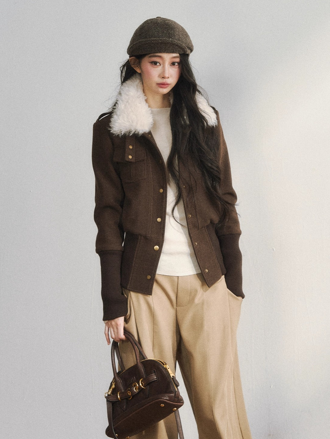 Vintage-Inspired Brown Fleece Lining Wool-Blend Jacket