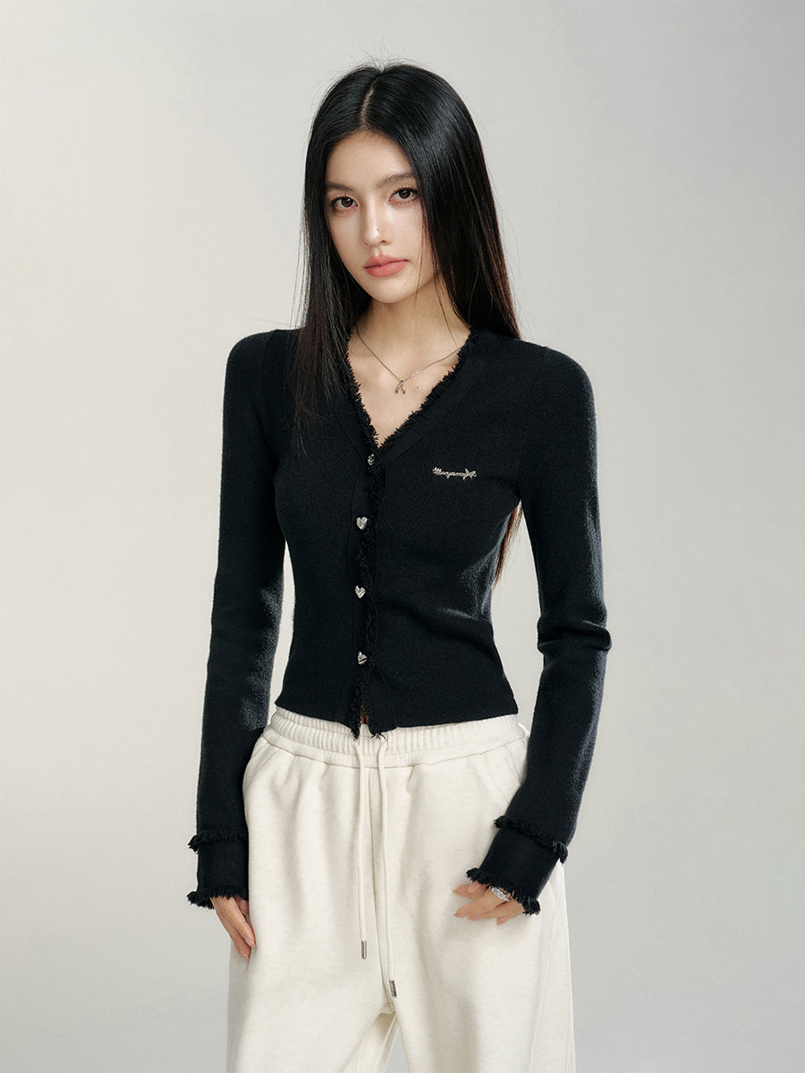V-neck Frayed Knit Top - CHINASQUAD