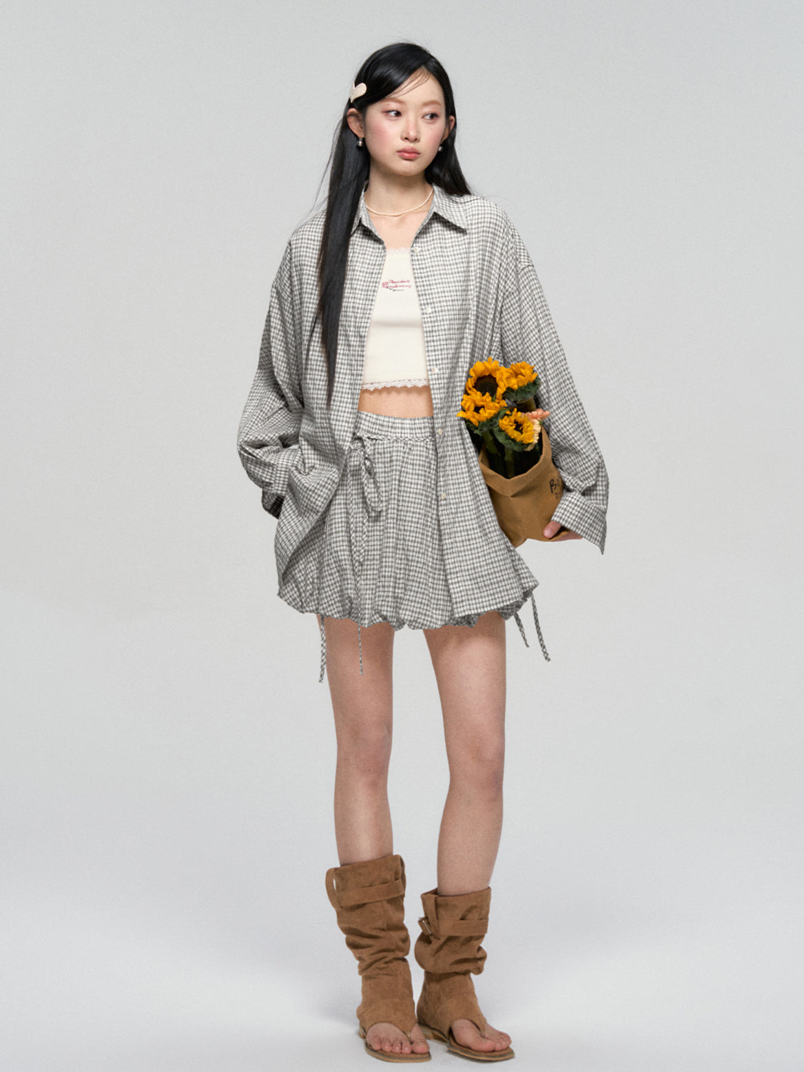 Khaki & Black Retro Check Shirt & Skirt Set - CHINASQUAD