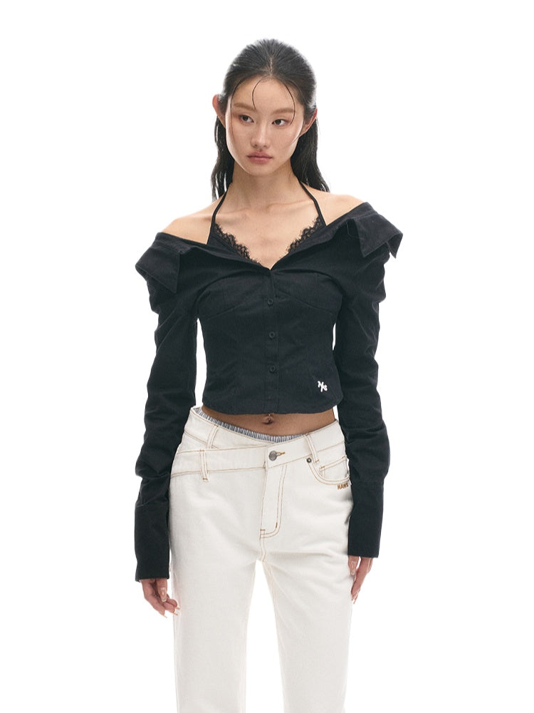 Two-in-One Off-Shoulder Slim-Fit Long-Sleeve Cotton Shirt - CHINASQUAD