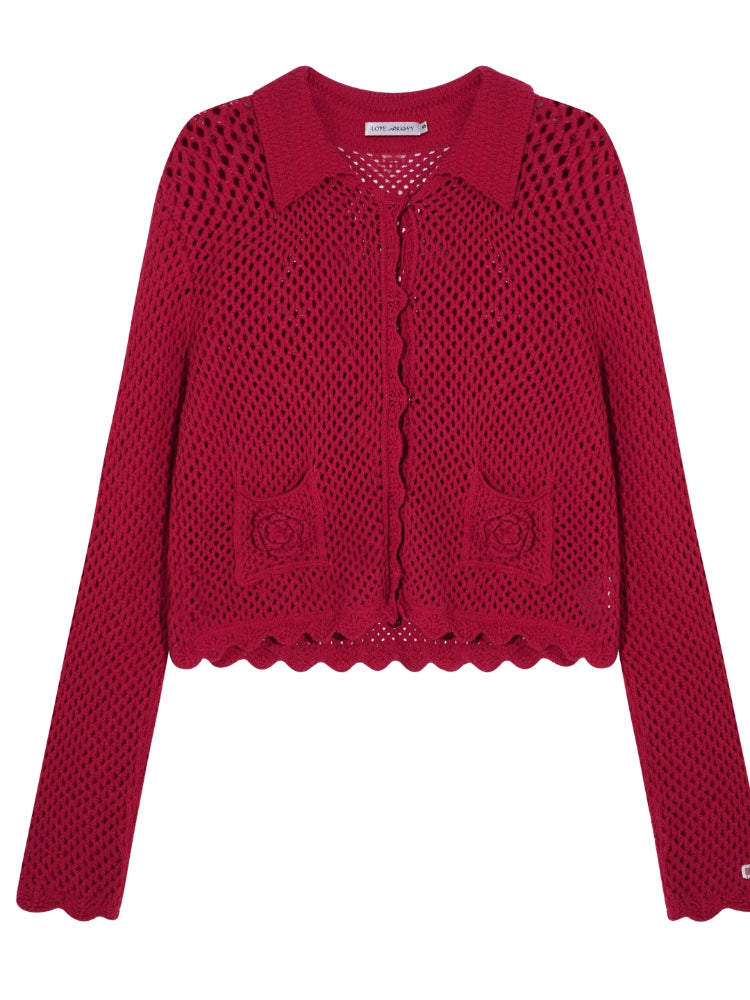 Hollow-out 3D Flower Crochet Lapel Cardigan - CHINASQUAD